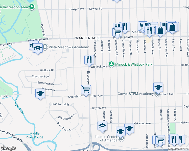 map of restaurants, bars, coffee shops, grocery stores, and more near 6520 Plainview Avenue in Detroit
