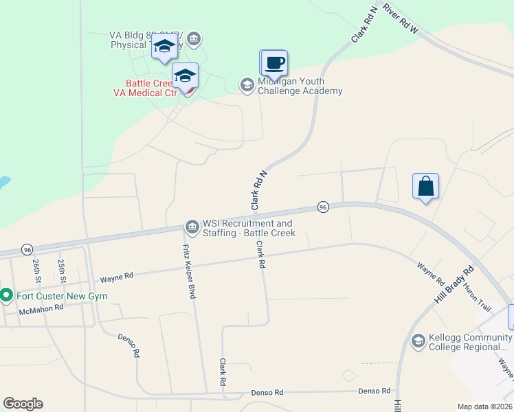 map of restaurants, bars, coffee shops, grocery stores, and more near 61 Clark Road in Battle Creek