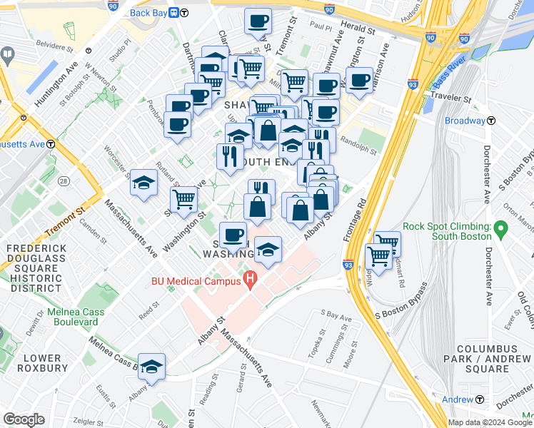 map of restaurants, bars, coffee shops, grocery stores, and more near 700 Harrison Avenue in Boston