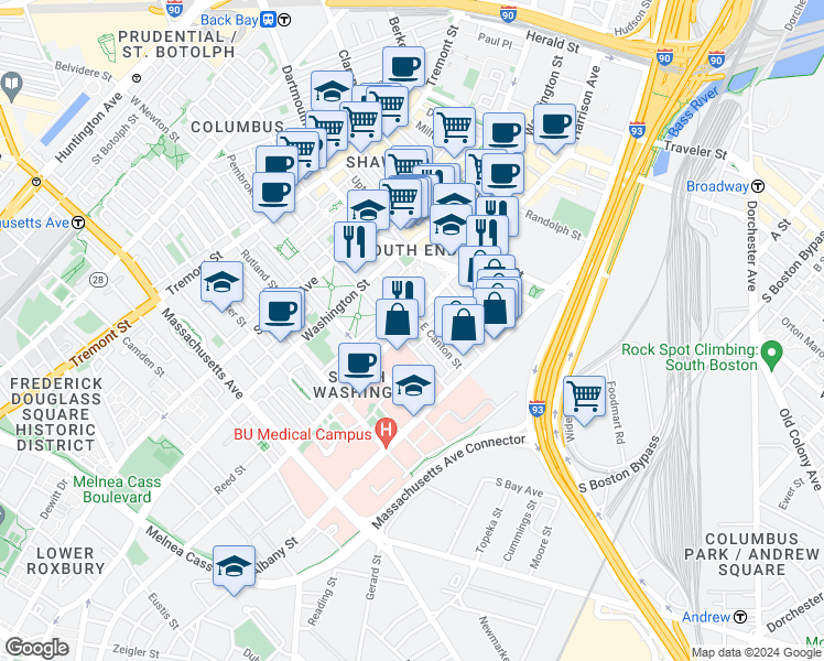 map of restaurants, bars, coffee shops, grocery stores, and more near 663 Harrison Avenue in Boston