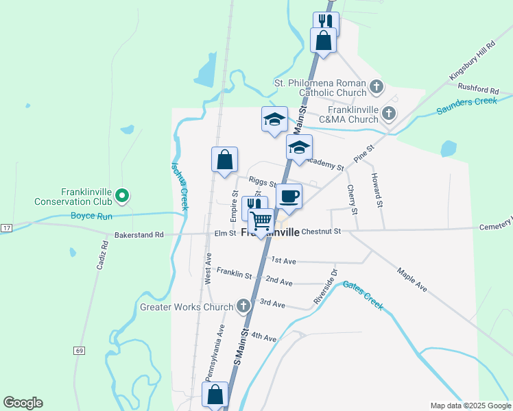 map of restaurants, bars, coffee shops, grocery stores, and more near Church Street in Franklinville