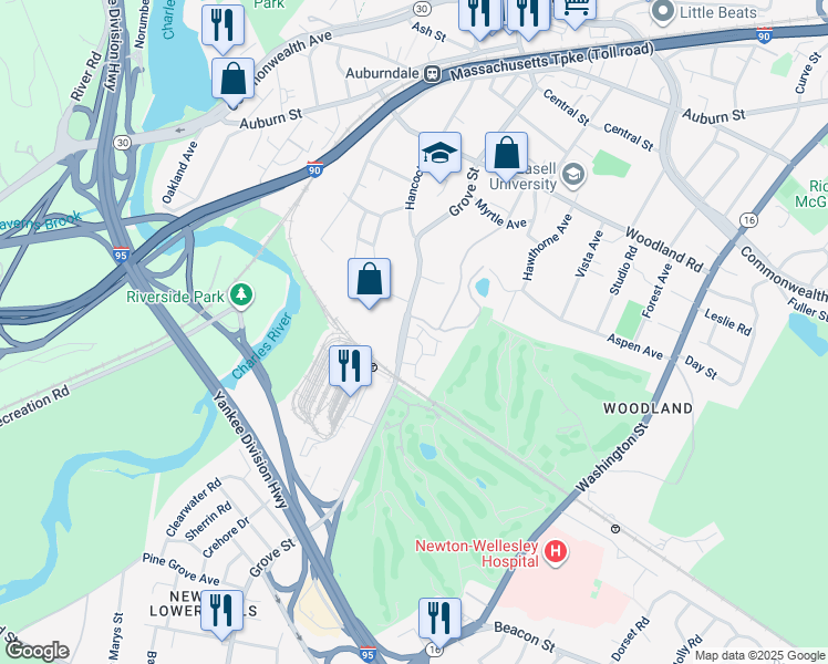 map of restaurants, bars, coffee shops, grocery stores, and more near 264 Grove Street in Newton