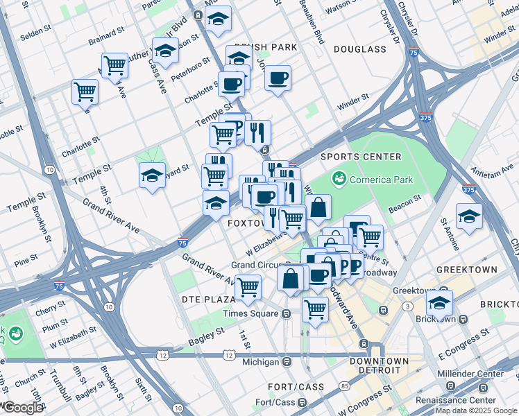 map of restaurants, bars, coffee shops, grocery stores, and more near 50 West Montcalm Street in Detroit