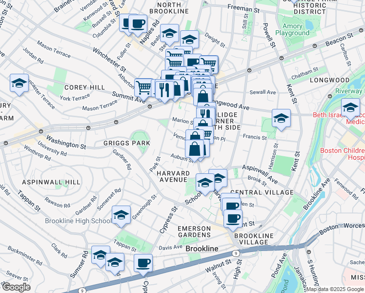 map of restaurants, bars, coffee shops, grocery stores, and more near 27 Vernon Street in Brookline