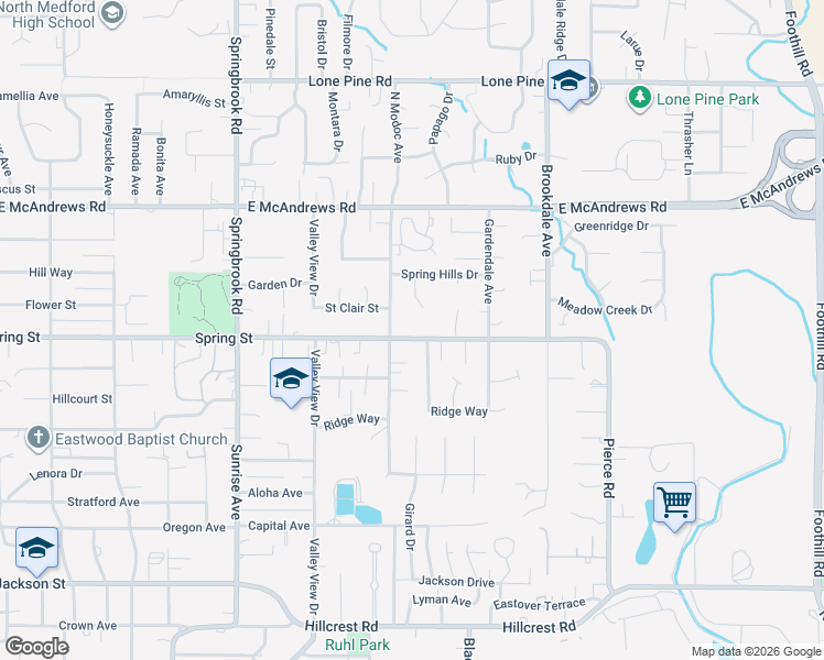 map of restaurants, bars, coffee shops, grocery stores, and more near 1104 North Modoc Avenue in Medford