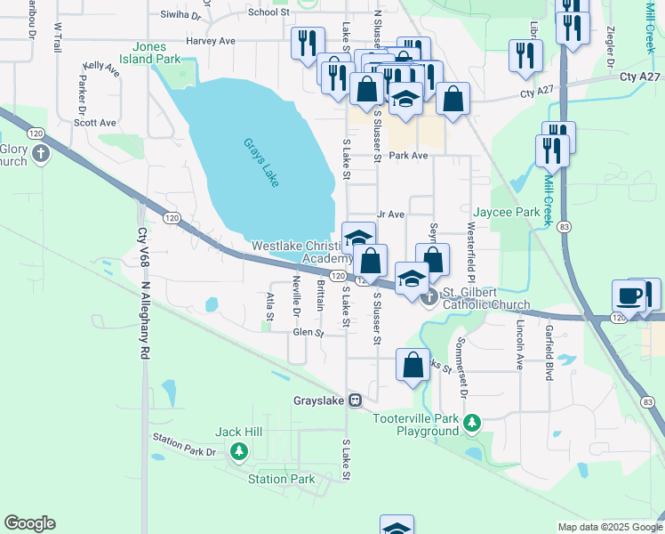 map of restaurants, bars, coffee shops, grocery stores, and more near 42 West Belvidere Road in Grayslake