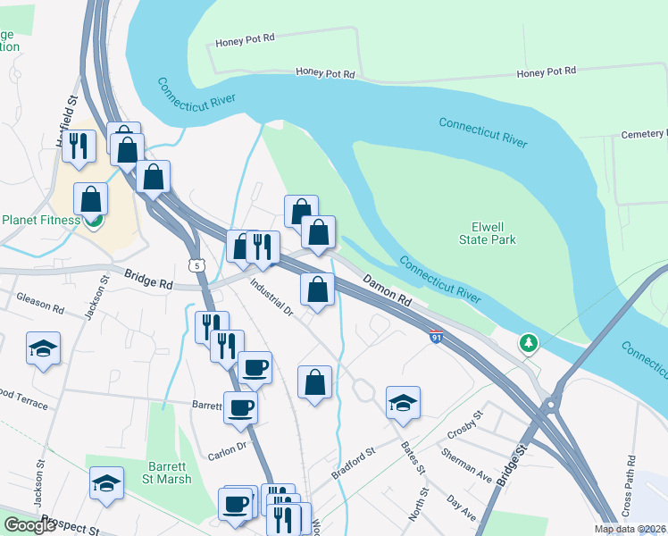 map of restaurants, bars, coffee shops, grocery stores, and more near 139 Damon Road in Northampton