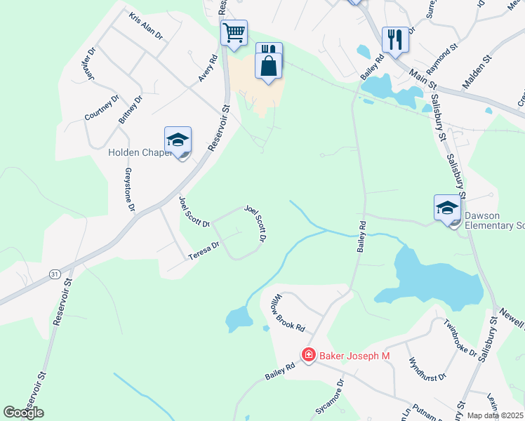 map of restaurants, bars, coffee shops, grocery stores, and more near 58 Joel Scott Drive in Holden
