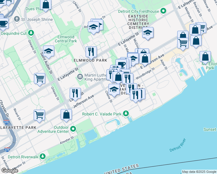 map of restaurants, bars, coffee shops, grocery stores, and more near 2652 East Jefferson Avenue in Detroit