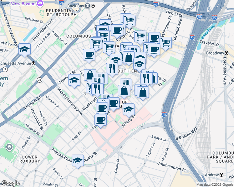map of restaurants, bars, coffee shops, grocery stores, and more near 10 Saint George Street in Boston