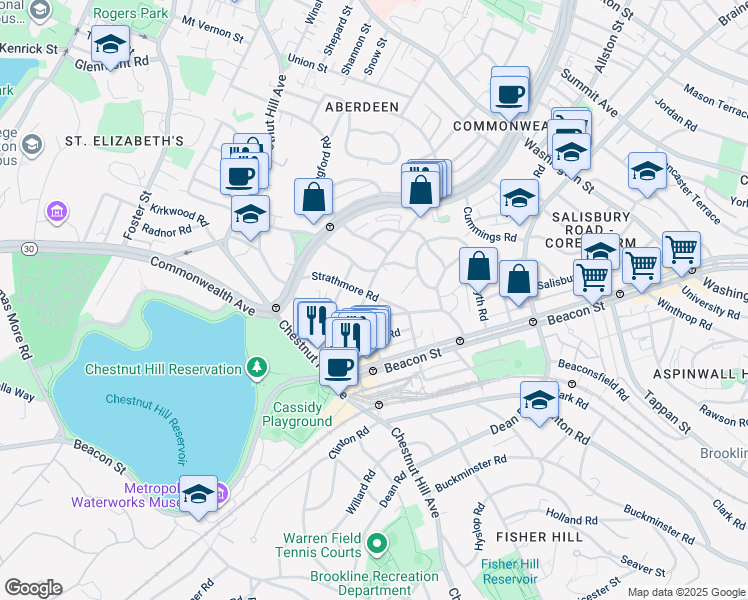 map of restaurants, bars, coffee shops, grocery stores, and more near 70 Strathmore Road in Boston