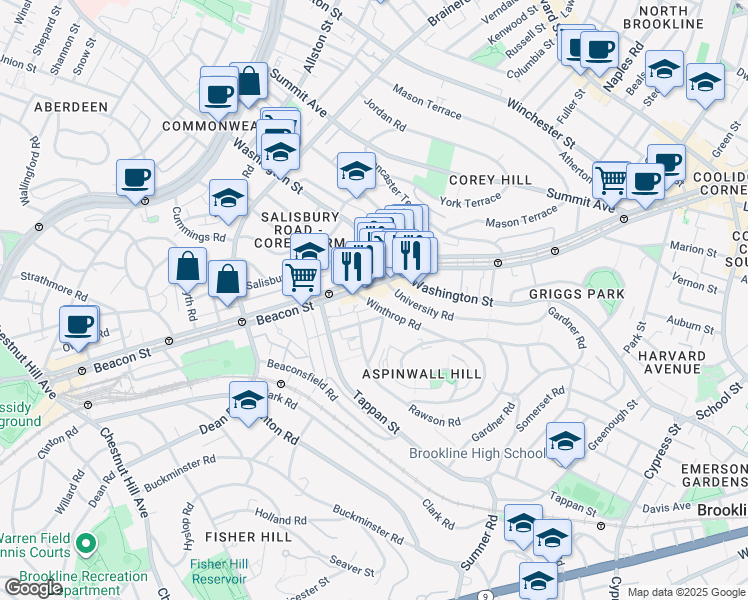 map of restaurants, bars, coffee shops, grocery stores, and more near 1629 Beacon Street in Brookline