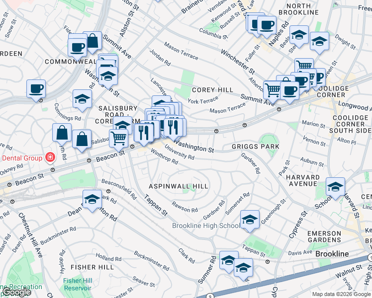 map of restaurants, bars, coffee shops, grocery stores, and more near 672 Washington Street in Brookline