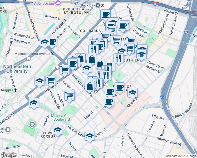 map of restaurants, bars, coffee shops, grocery stores, and more near 97 West Concord Street in Boston