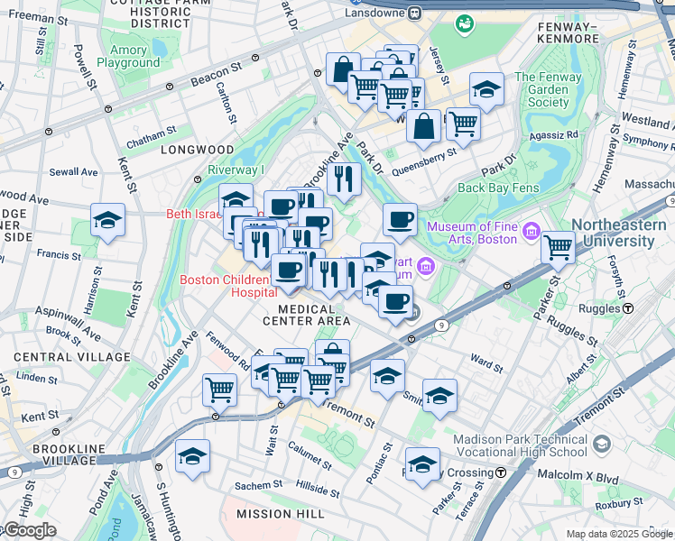 map of restaurants, bars, coffee shops, grocery stores, and more near 4 Blackfan Circle in Boston