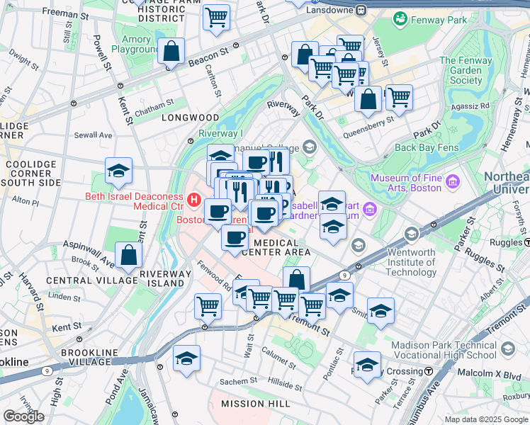 map of restaurants, bars, coffee shops, grocery stores, and more near 333 Longwood Avenue in Boston