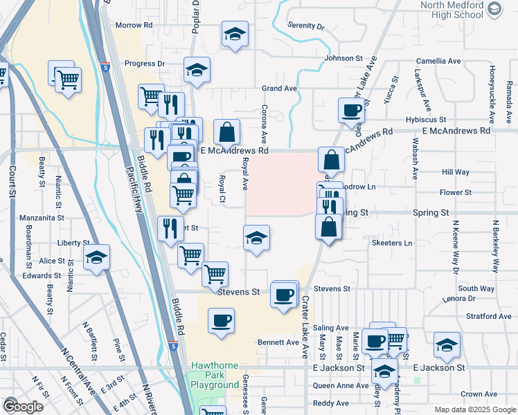 map of restaurants, bars, coffee shops, grocery stores, and more near 840 Royal Avenue in Medford
