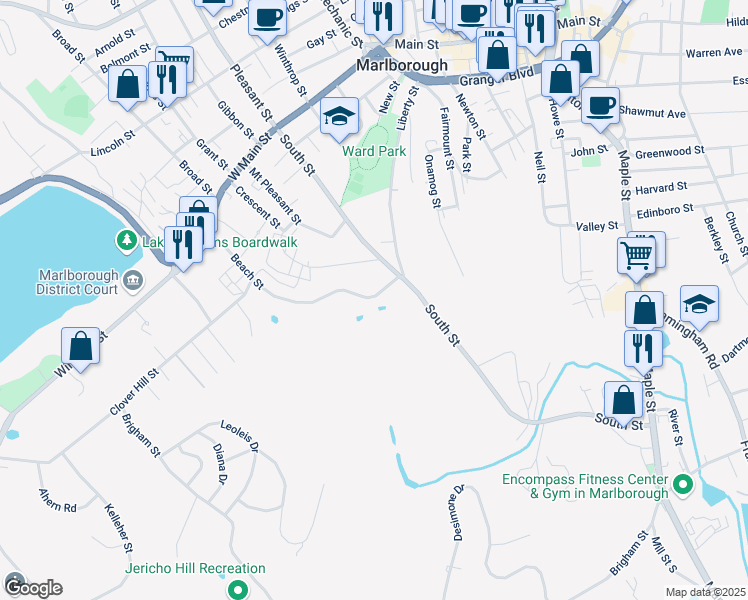 map of restaurants, bars, coffee shops, grocery stores, and more near 187 Beach Street in Marlborough