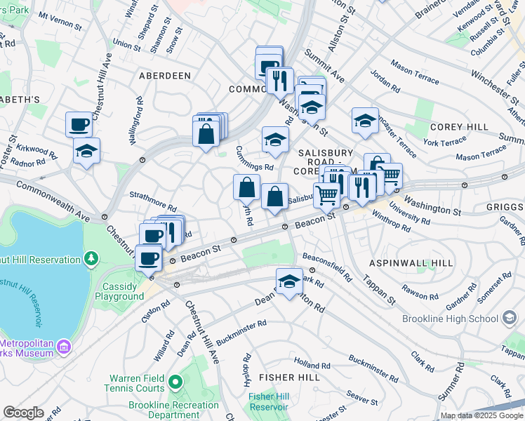 map of restaurants, bars, coffee shops, grocery stores, and more near 145 Salisbury Road in Brookline