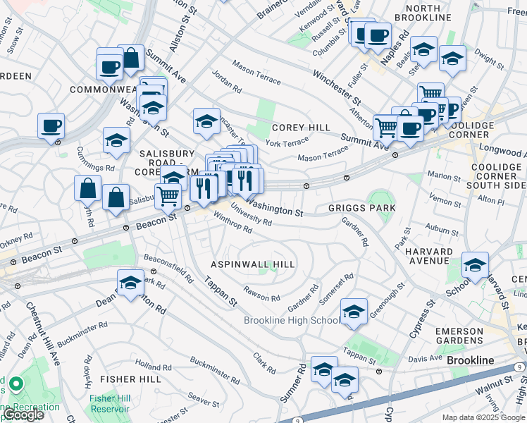 map of restaurants, bars, coffee shops, grocery stores, and more near 1624 Beacon Street in Brookline