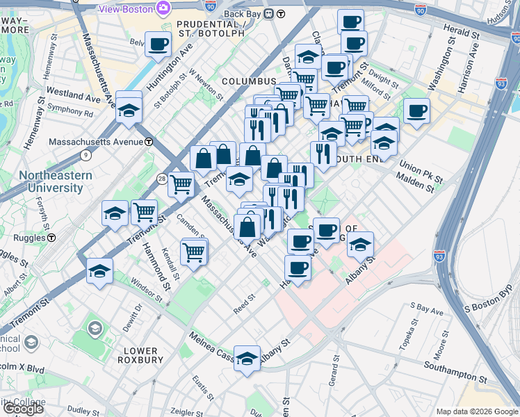 map of restaurants, bars, coffee shops, grocery stores, and more near 97 West Concord Street in Boston