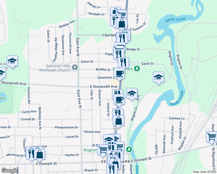 map of restaurants, bars, coffee shops, grocery stores, and more near 739 East Roosevelt Avenue in Battle Creek