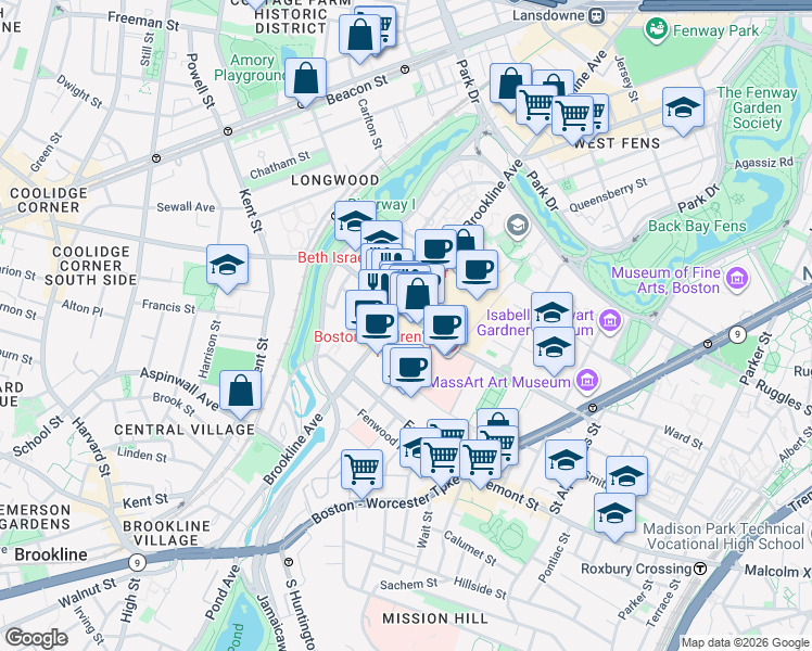 map of restaurants, bars, coffee shops, grocery stores, and more near 400 Brookline Avenue in Boston
