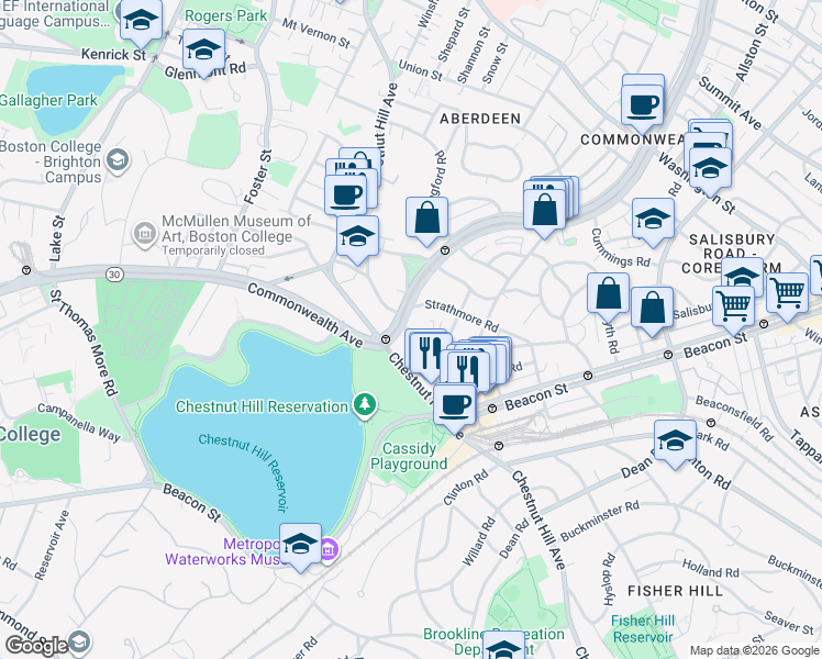 map of restaurants, bars, coffee shops, grocery stores, and more near 1848 Commonwealth Avenue in Boston
