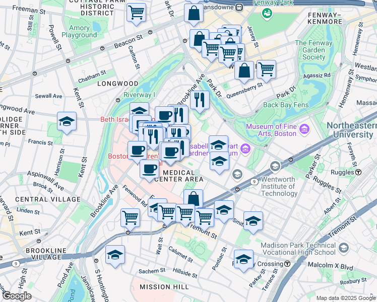 map of restaurants, bars, coffee shops, grocery stores, and more near 4 Blackfan Circle in Boston