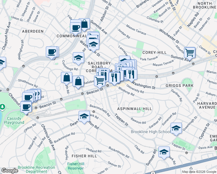 map of restaurants, bars, coffee shops, grocery stores, and more near 11 Williston Road in Brookline
