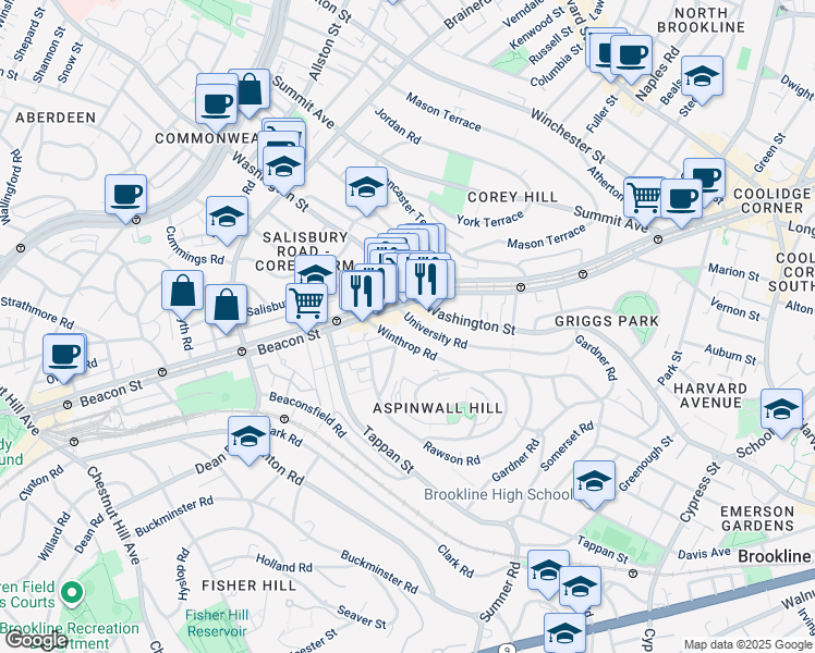 map of restaurants, bars, coffee shops, grocery stores, and more near 15 University Road in Brookline