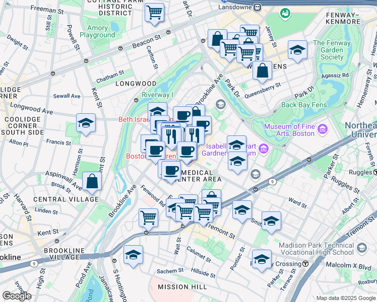 map of restaurants, bars, coffee shops, grocery stores, and more near 333 Longwood Avenue in Boston