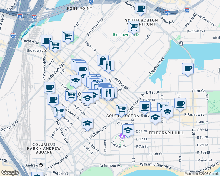 map of restaurants, bars, coffee shops, grocery stores, and more near 321 West 2nd Street in Boston