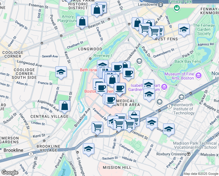 map of restaurants, bars, coffee shops, grocery stores, and more near 350 Longwood Avenue in Boston