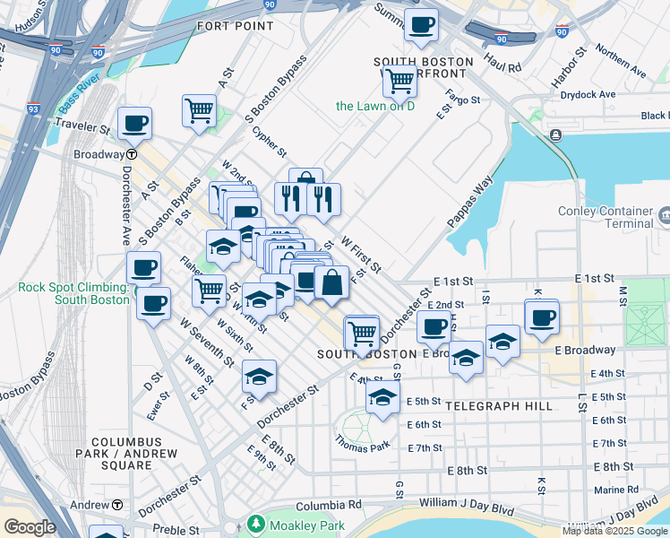 map of restaurants, bars, coffee shops, grocery stores, and more near 335 West 2nd Street in Boston
