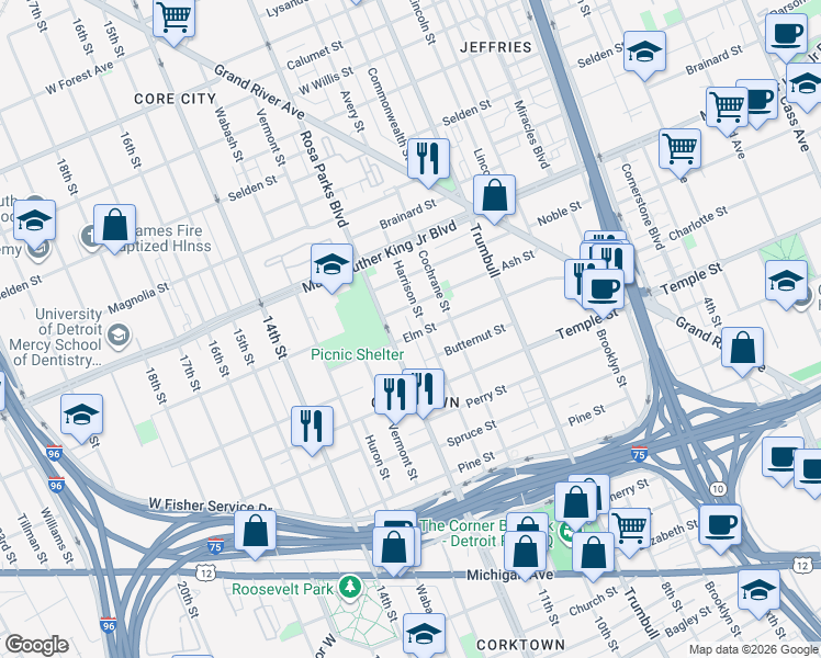 map of restaurants, bars, coffee shops, grocery stores, and more near 1824 Elm Street in Detroit