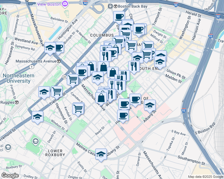 map of restaurants, bars, coffee shops, grocery stores, and more near 97 West Concord Street in Boston