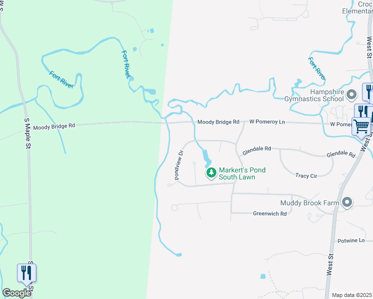 map of restaurants, bars, coffee shops, grocery stores, and more near 81 Pondview Drive in Amherst