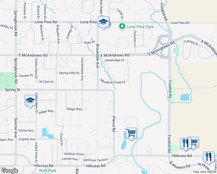map of restaurants, bars, coffee shops, grocery stores, and more near 2429 Meadow Creek Drive in Medford