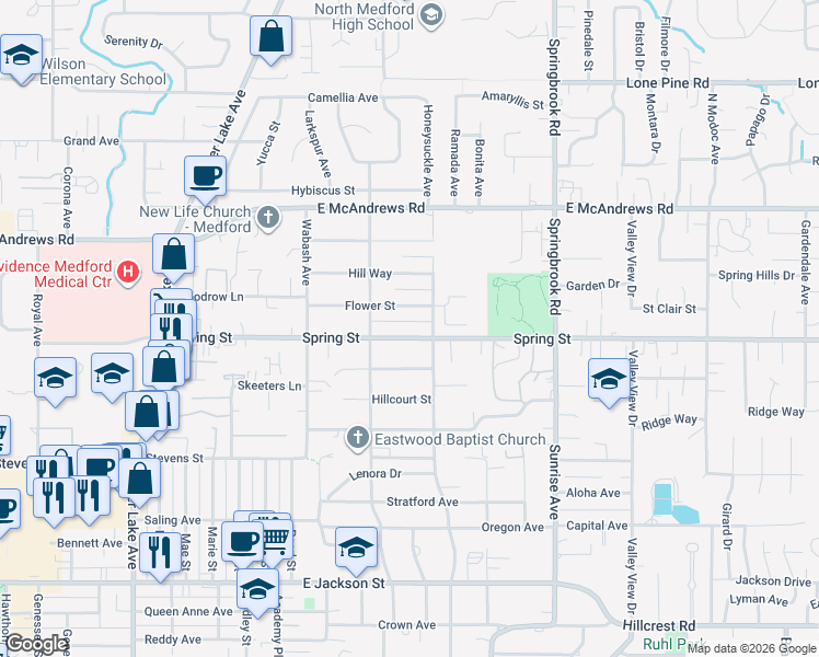 map of restaurants, bars, coffee shops, grocery stores, and more near 1456 Flower Street in Medford