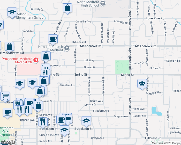 map of restaurants, bars, coffee shops, grocery stores, and more near 1400 Flower Street in Medford
