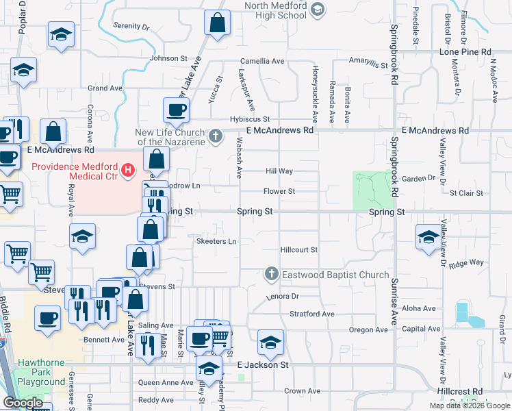 map of restaurants, bars, coffee shops, grocery stores, and more near 1332 Flower Street in Medford