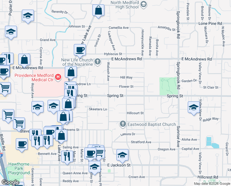 map of restaurants, bars, coffee shops, grocery stores, and more near 1332 Flower Street in Medford