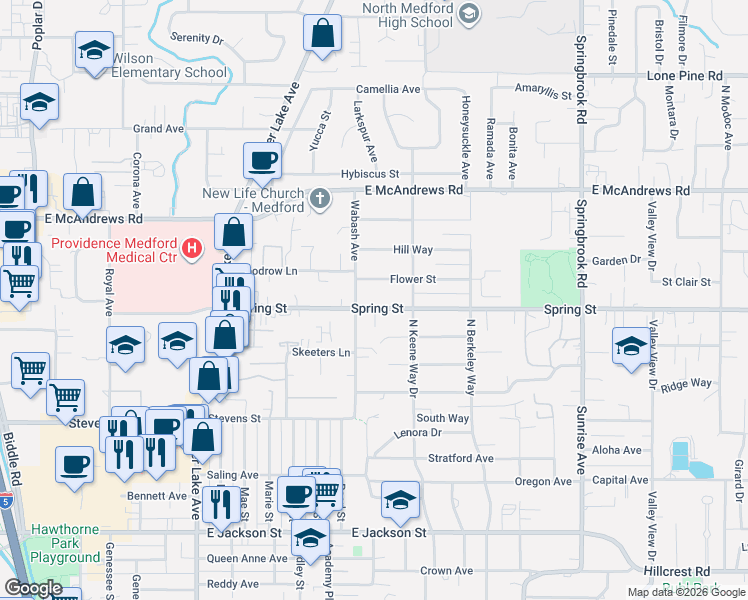 map of restaurants, bars, coffee shops, grocery stores, and more near 1332 Flower Street in Medford