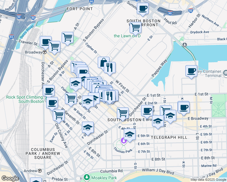 map of restaurants, bars, coffee shops, grocery stores, and more near 321 West 2nd Street in Boston