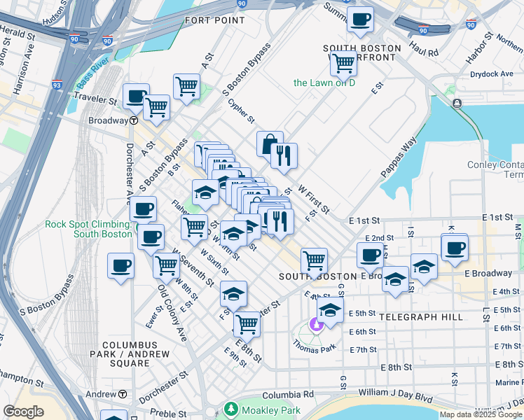 map of restaurants, bars, coffee shops, grocery stores, and more near 227 West 3rd Street in Boston