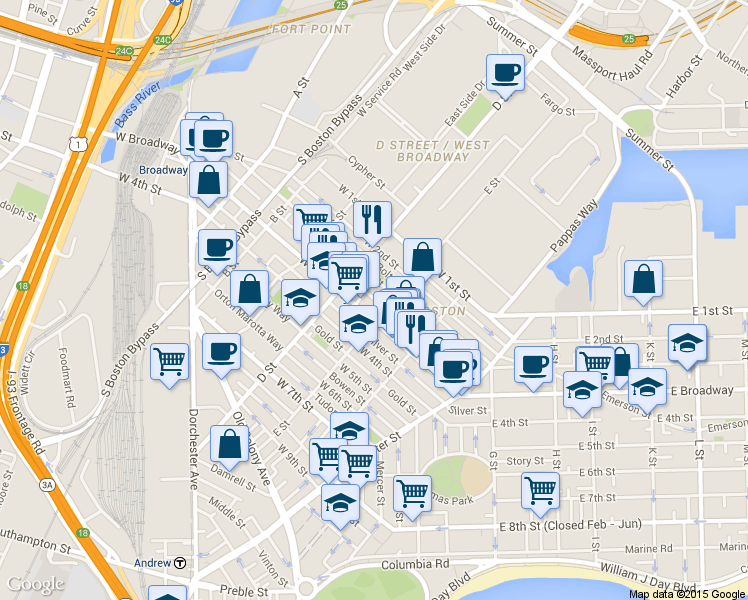 map of restaurants, bars, coffee shops, grocery stores, and more near 227 West 3rd Street in Boston