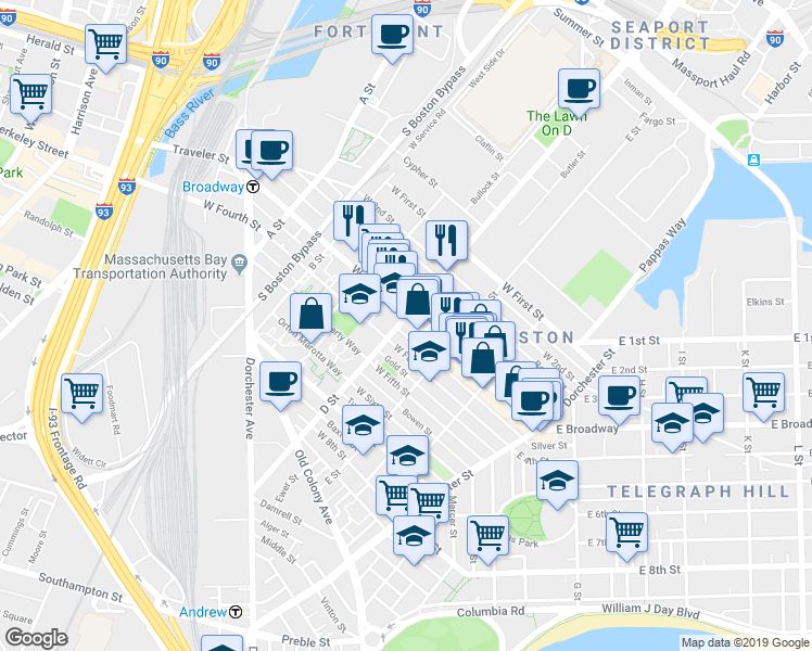 map of restaurants, bars, coffee shops, grocery stores, and more near 219 Athens Street in Boston