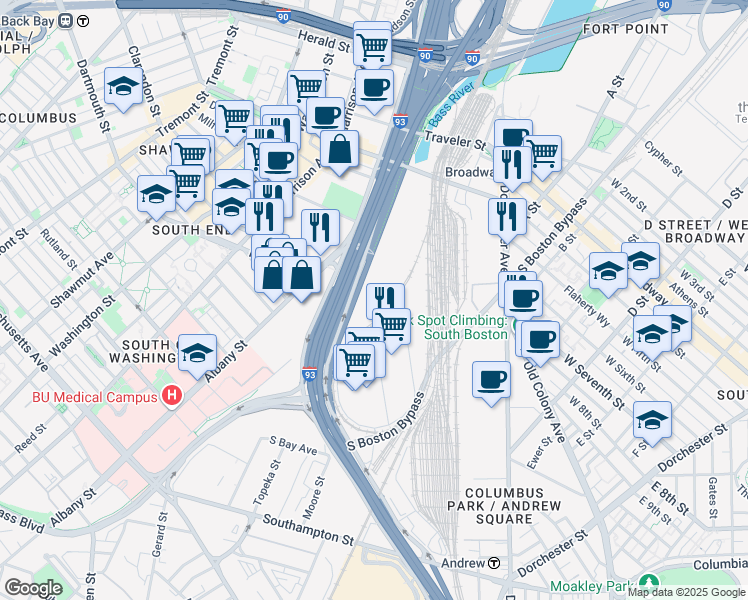 map of restaurants, bars, coffee shops, grocery stores, and more near 373 Interstate 93 Frontage Road in Boston