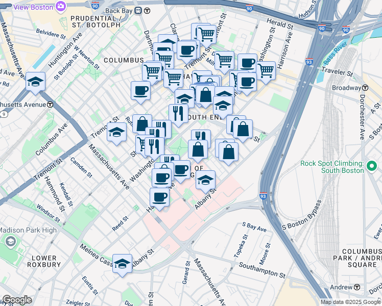 map of restaurants, bars, coffee shops, grocery stores, and more near 24 East Brookline Street in Boston